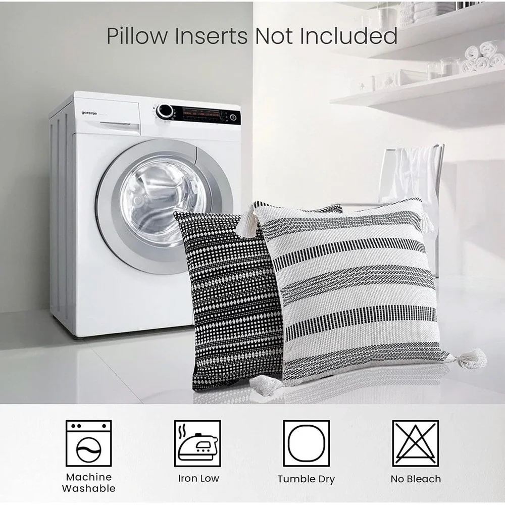 4 Piece Throw Pillow Covers Set Black White Faux Leather Velvet Boho Tassel‎